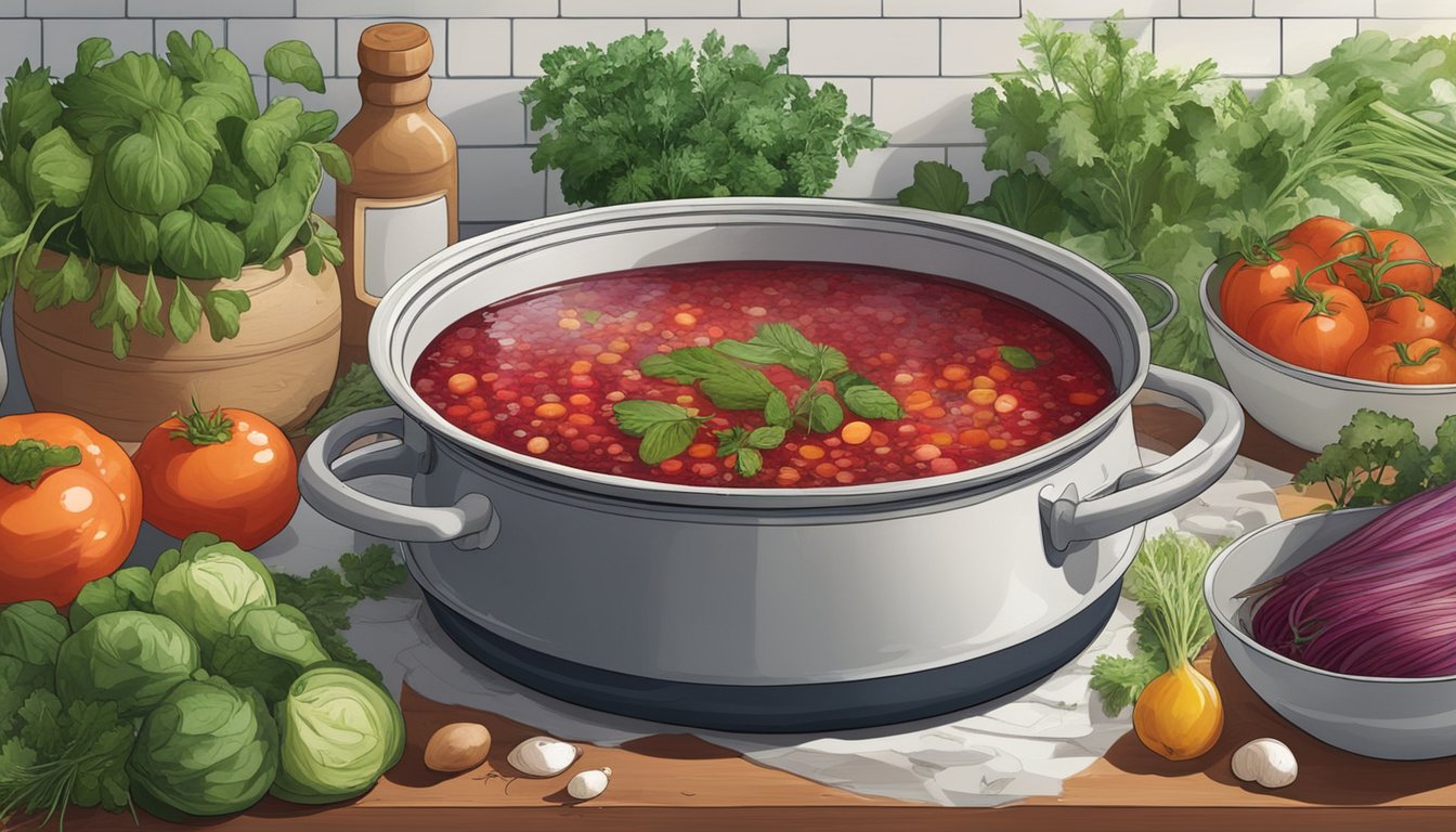 A large pot of borscht sits on a kitchen counter, surrounded by various vegetables and herbs. Bubbles rise to the surface as the fermentation process begins