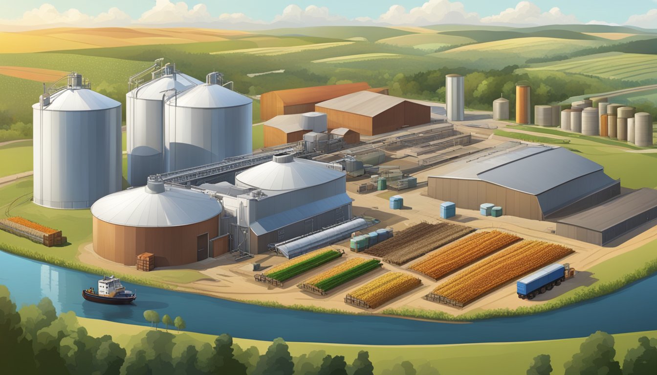 A bustling factory with large fermentation tanks surrounded by fields of harvested vegetables and a nearby shipping dock for exporting