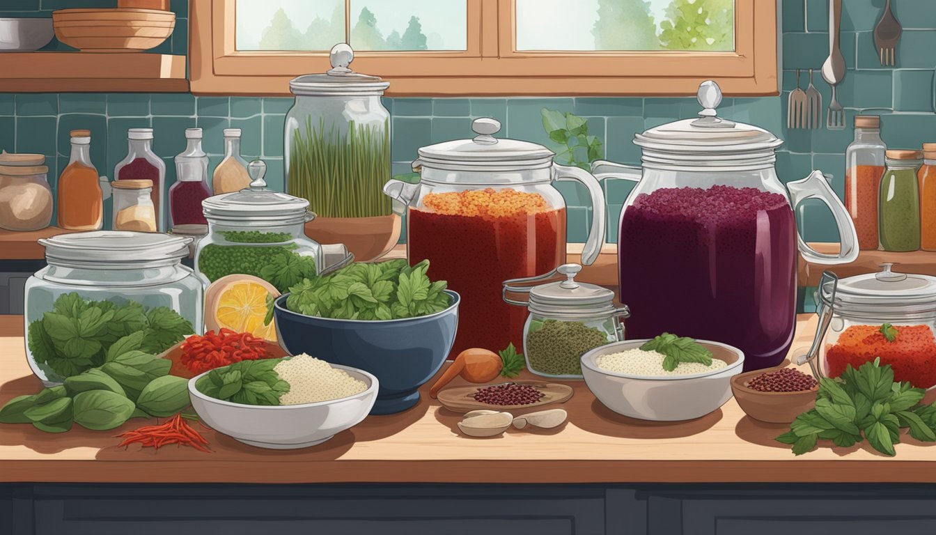 A large pot of borscht sits on a kitchen counter, surrounded by jars of various spices and herbs. A small bowl of fermented borscht is being poured into a glass jar