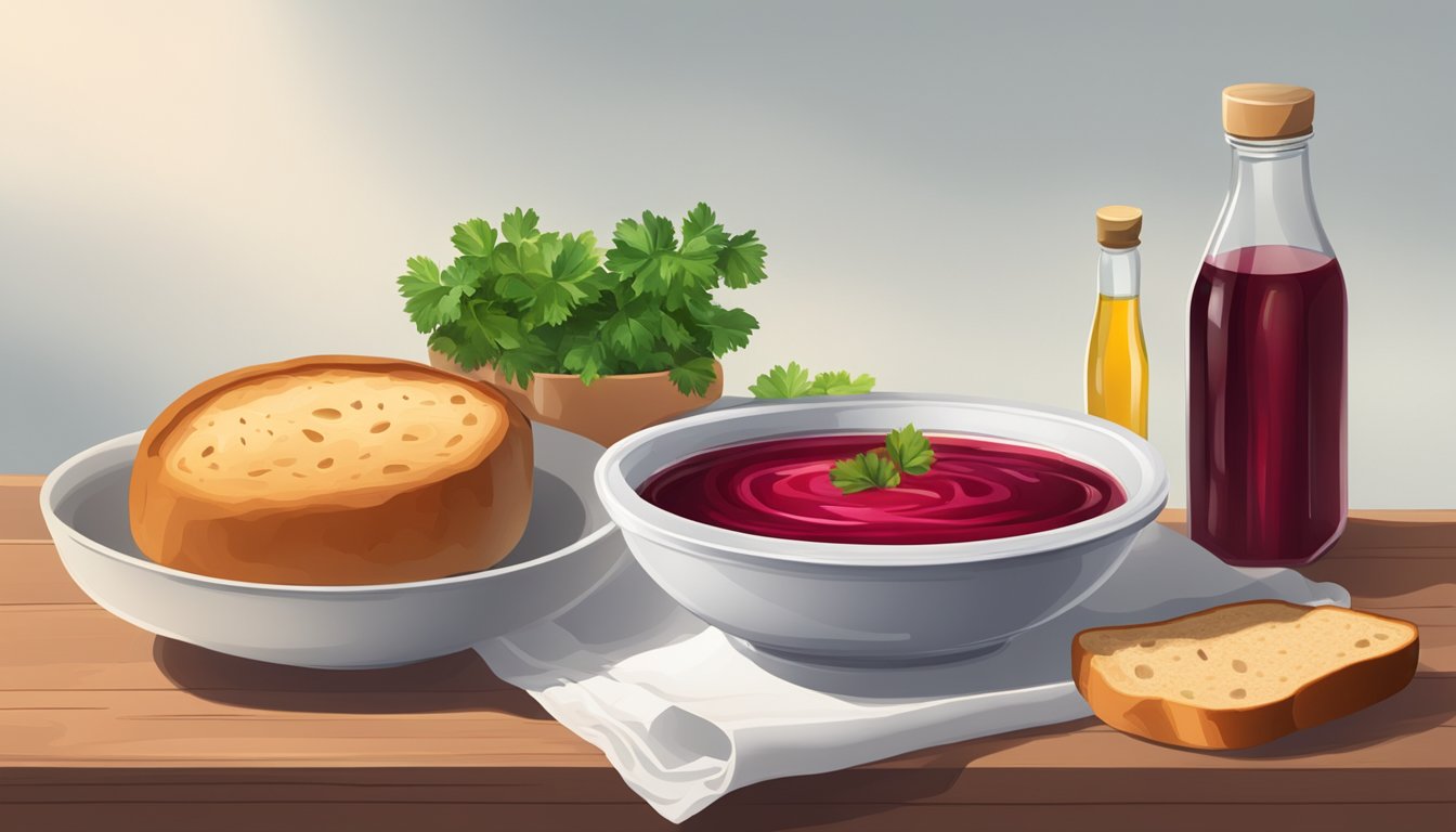 A table with a bowl of borscht, a loaf of bread, and a bottle of vinegar