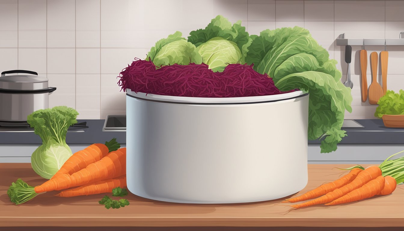 A large ceramic crock filled with shredded beets, carrots, and cabbage, covered with a cloth and secured with a rubber band, sits on a kitchen counter