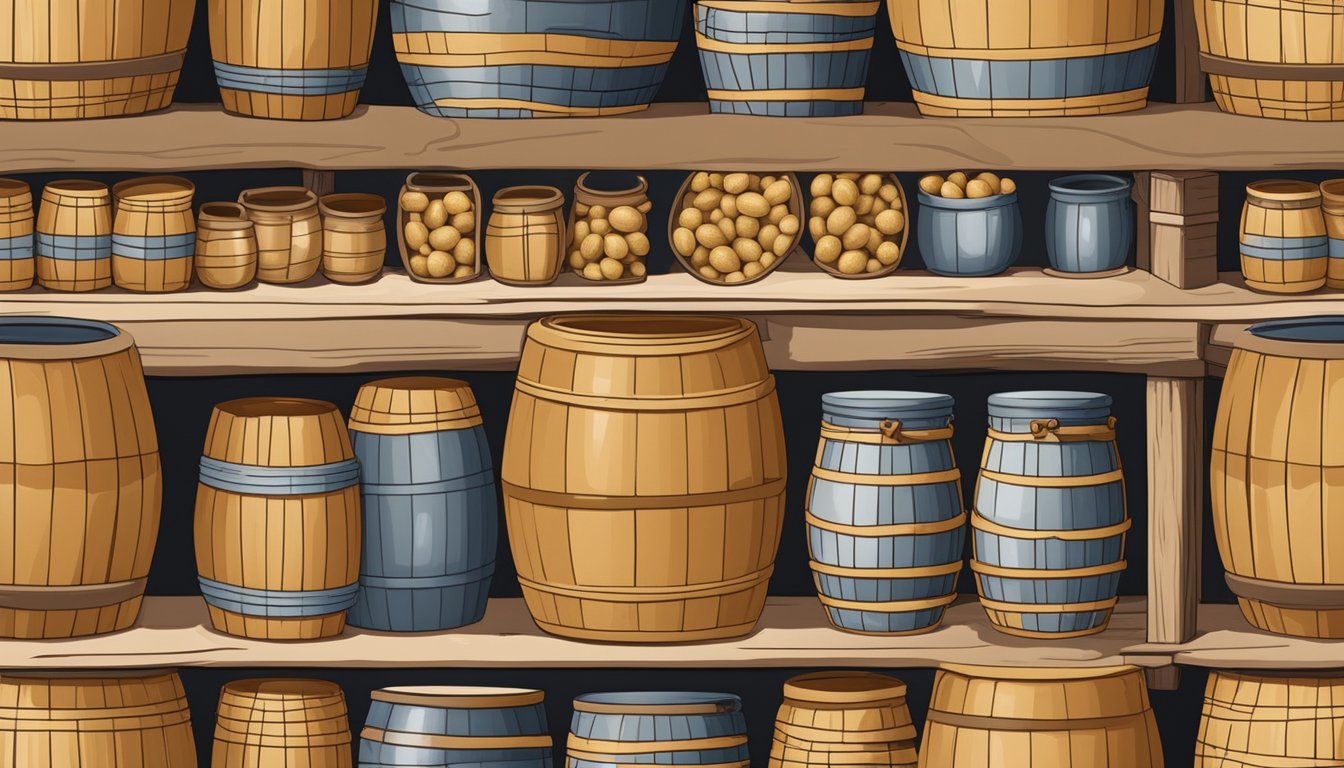 A large earthenware jar filled with soybeans and brine, surrounded by wooden barrels and traditional fermentation tools