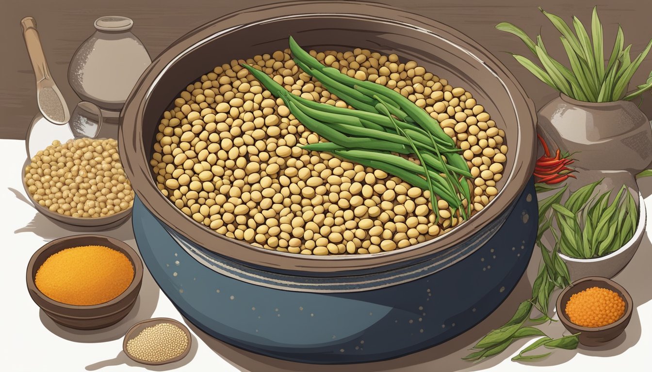 A large earthenware pot filled with soybeans and salt, surrounded by various ingredients such as garlic, ginger, and chili peppers, as the preparation and fermentation process for kanjang begins