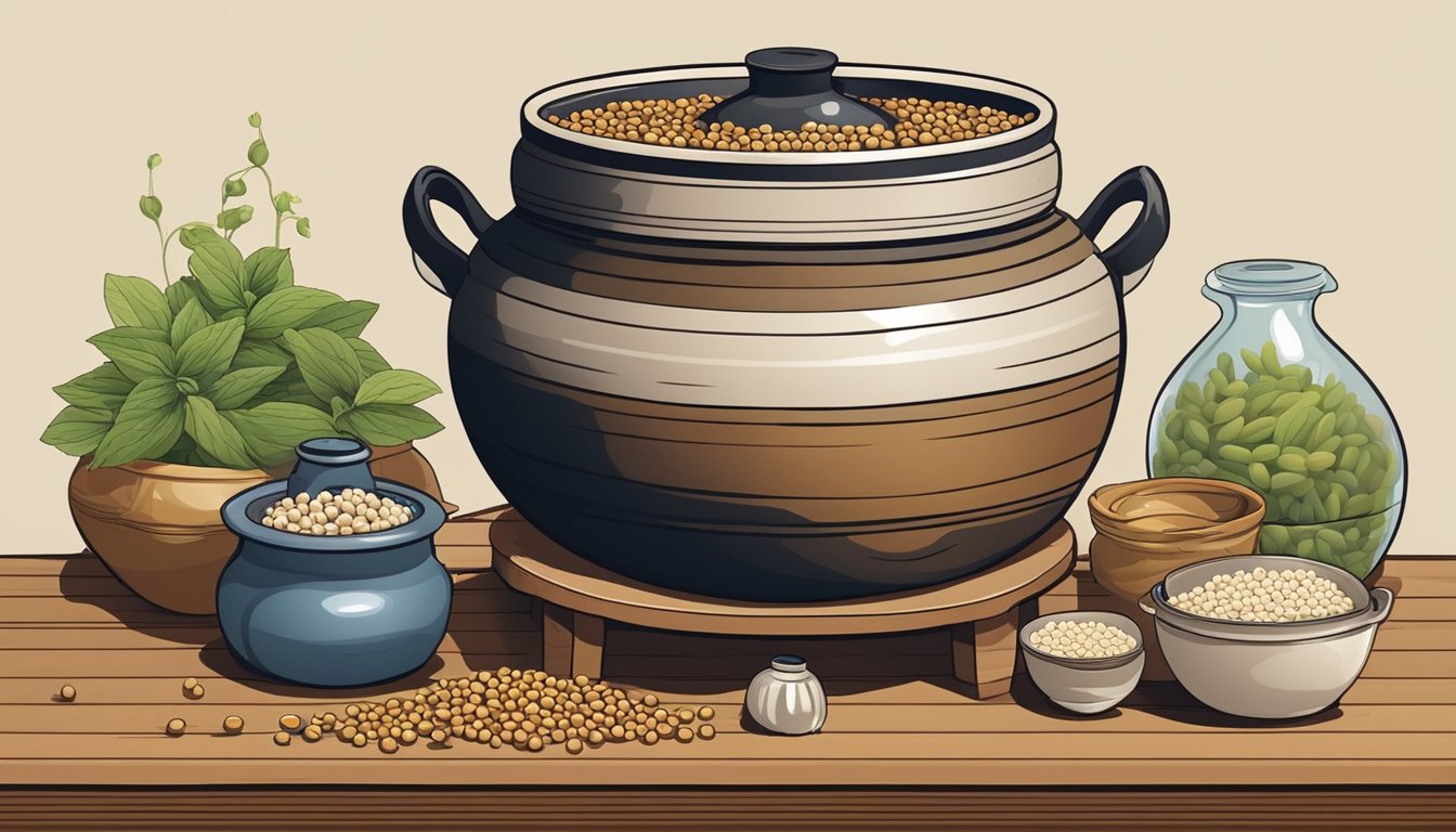 A traditional Korean earthenware pot sits on a wooden table, filled with soybeans and brine, surrounded by various fermentation ingredients