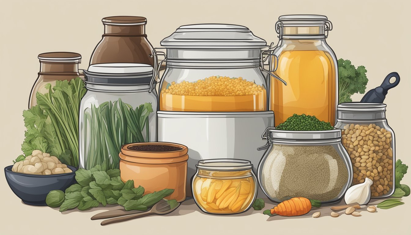 A jar of fermenting kanjang surrounded by various cooking ingredients and utensils