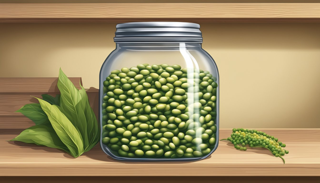 A jar filled with soybeans and brine, covered with a cloth, sitting on a shelf