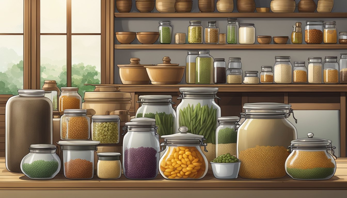 A traditional Korean kitchen with various jars and containers of fermenting ingredients, including soybeans and other related Korean fermented products