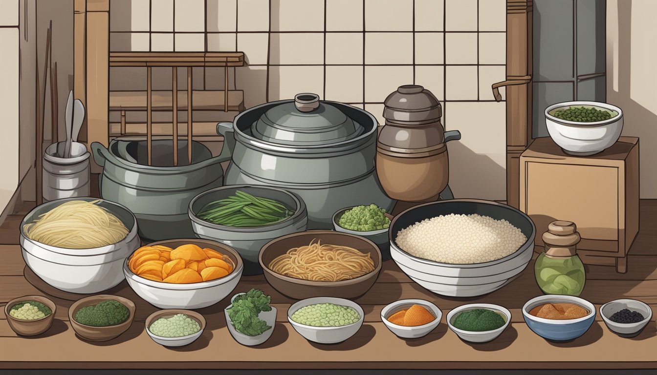 A traditional Korean kitchen with various ingredients and utensils laid out for fermenting kanjang