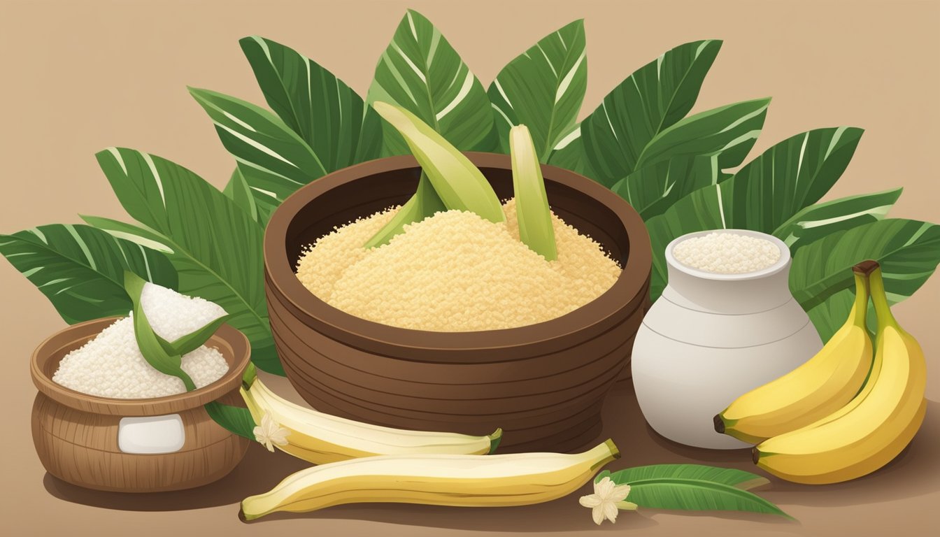 A wooden mortar and pestle filled with grated cassava, surrounded by banana leaves and a clay pot