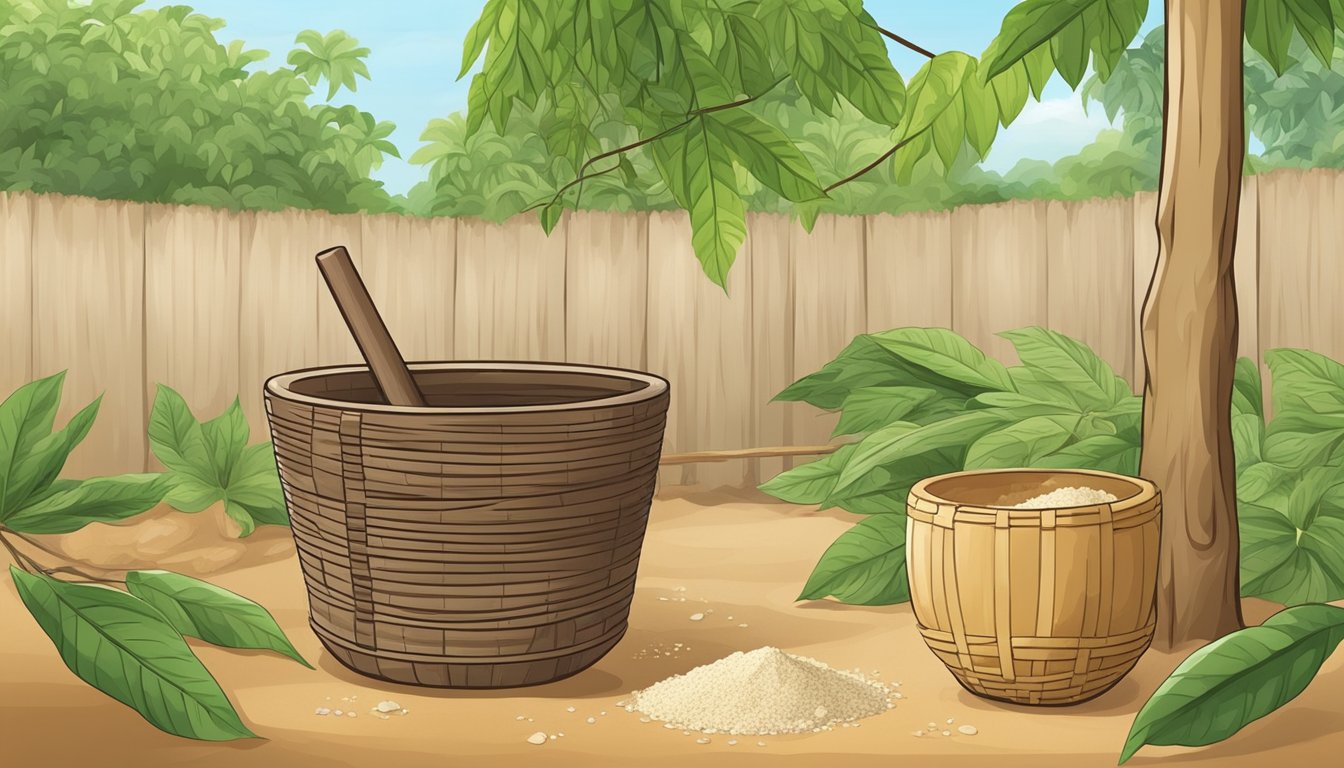 A large wooden mortar and pestle crush cassava to make garri. The grated cassava is then fermented in a woven basket