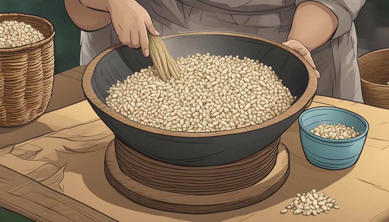 A large bowl of cassava is being grated, then placed in a woven basket for fermentation