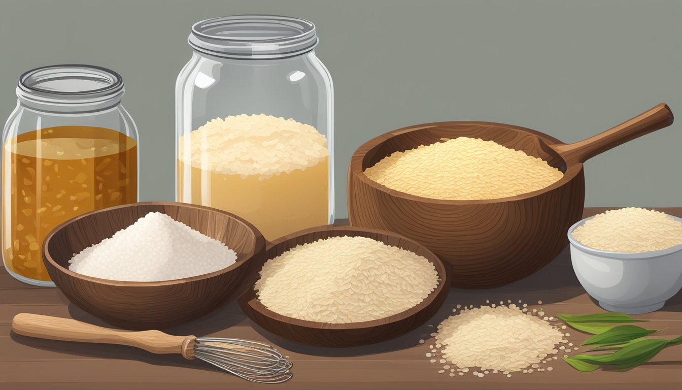 A wooden bowl filled with cassava flakes sits next to a jar of fermenting liquid, surrounded by various utensils and ingredients