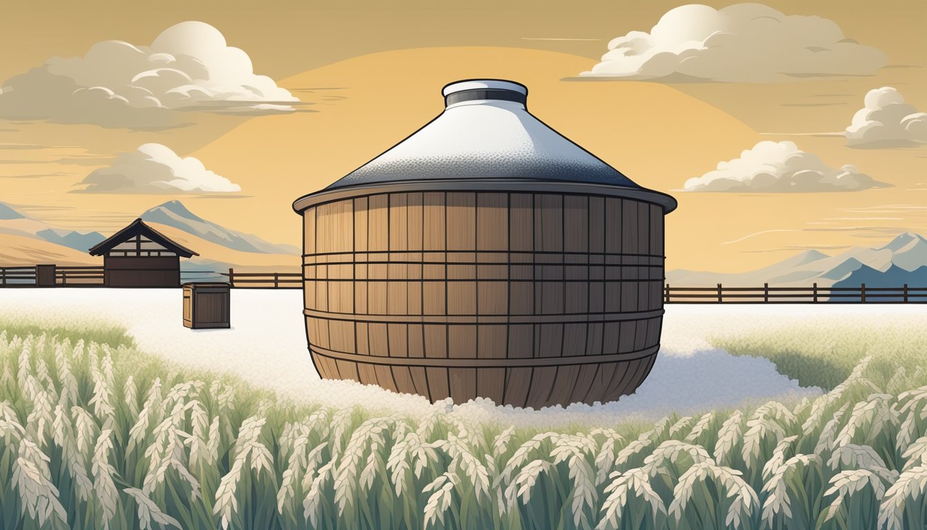 A traditional wooden sake fermentation tank surrounded by rice, koji mold, and yeast, with steam rising from the warm mixture