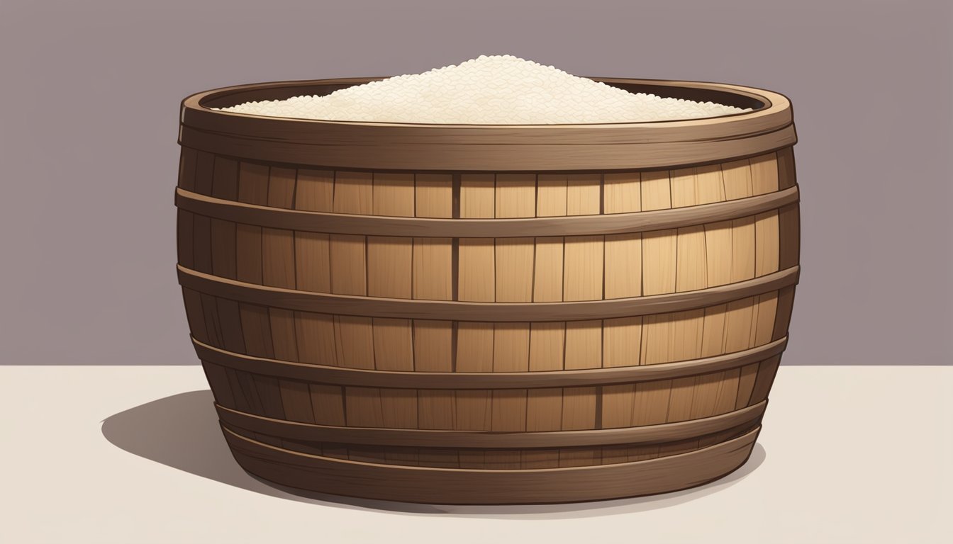 A wooden barrel filled with rice, water, and koji mold, with a cloth covering the top, sitting in a traditional Japanese brewery