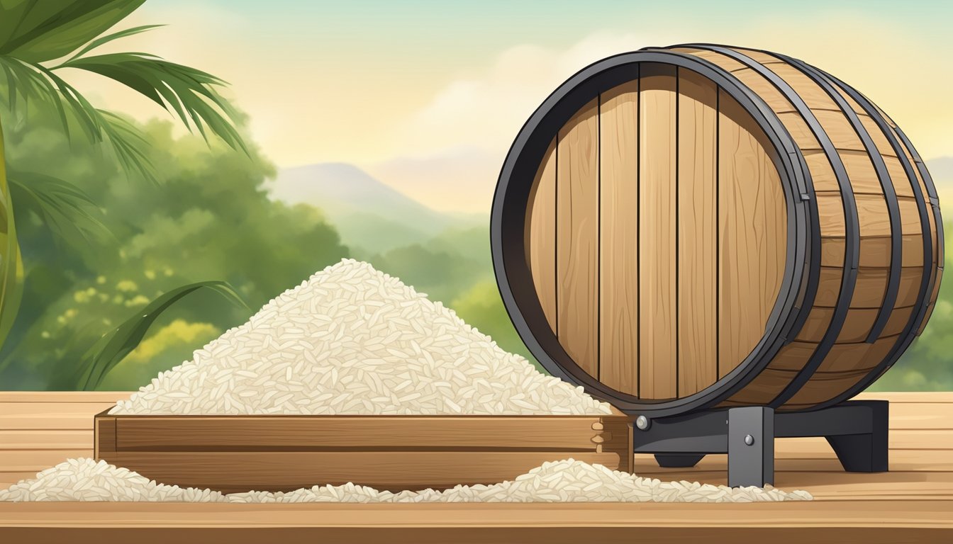 Rice soaking in water, yeast added, and fermentation process in a wooden cask