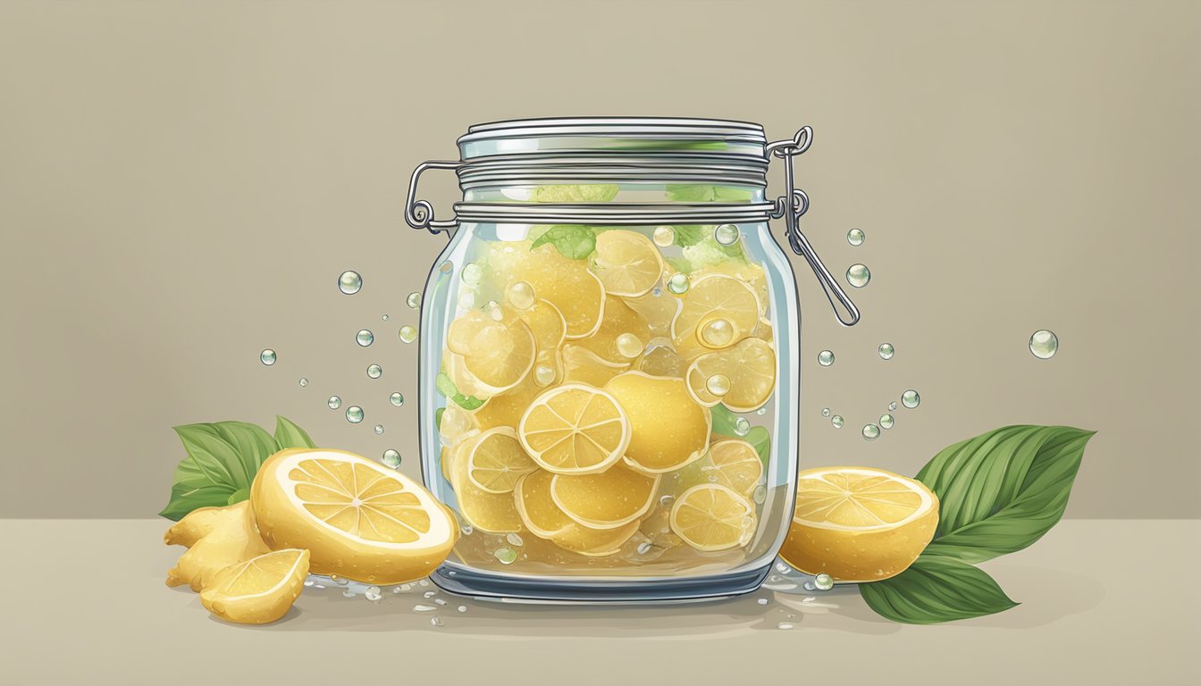 A jar of sliced ginger submerged in a brine solution, bubbles rising to the surface as the fermentation process begins