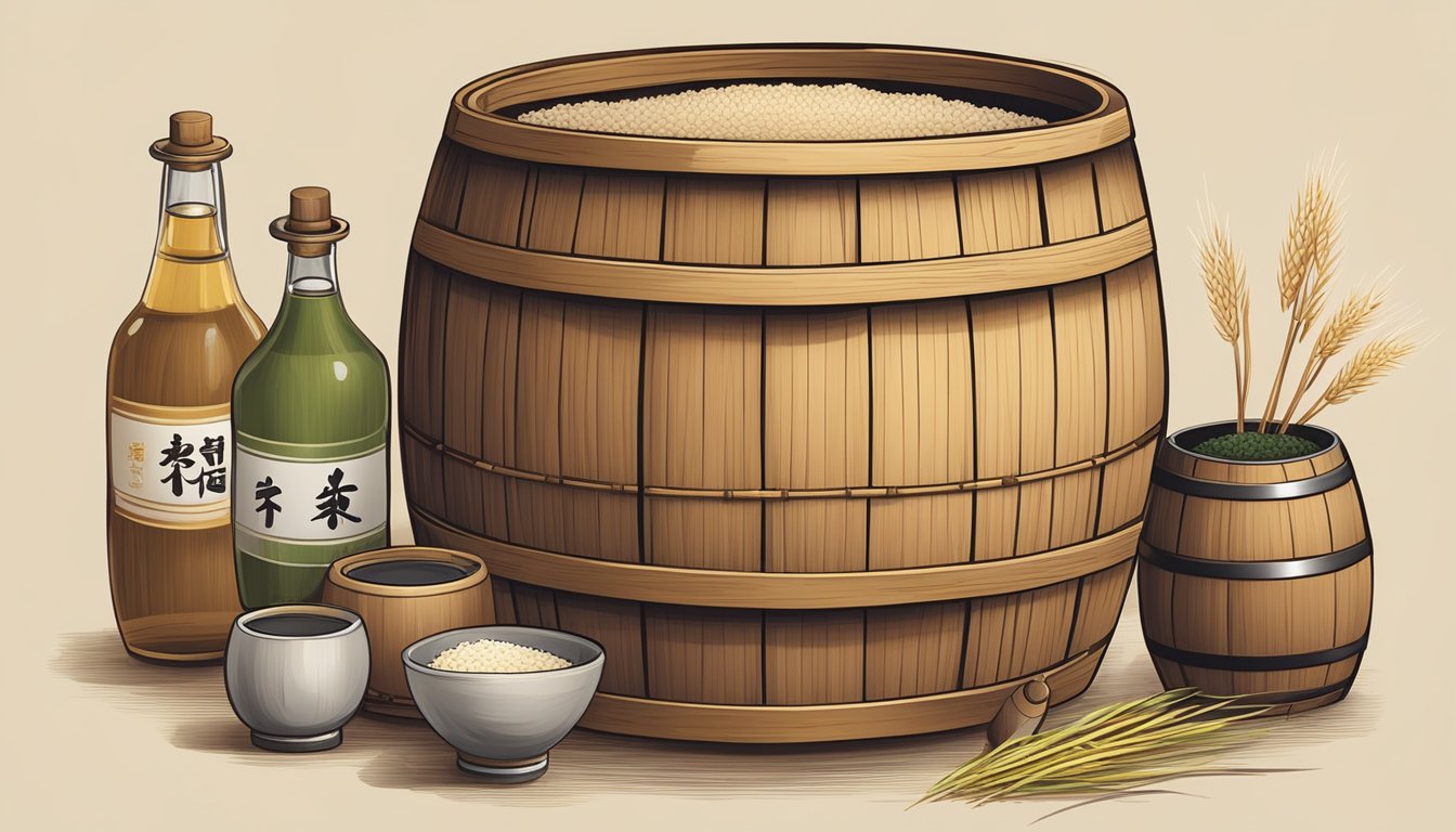 A wooden barrel filled with fermenting sake, surrounded by rice grains and traditional fermentation tools