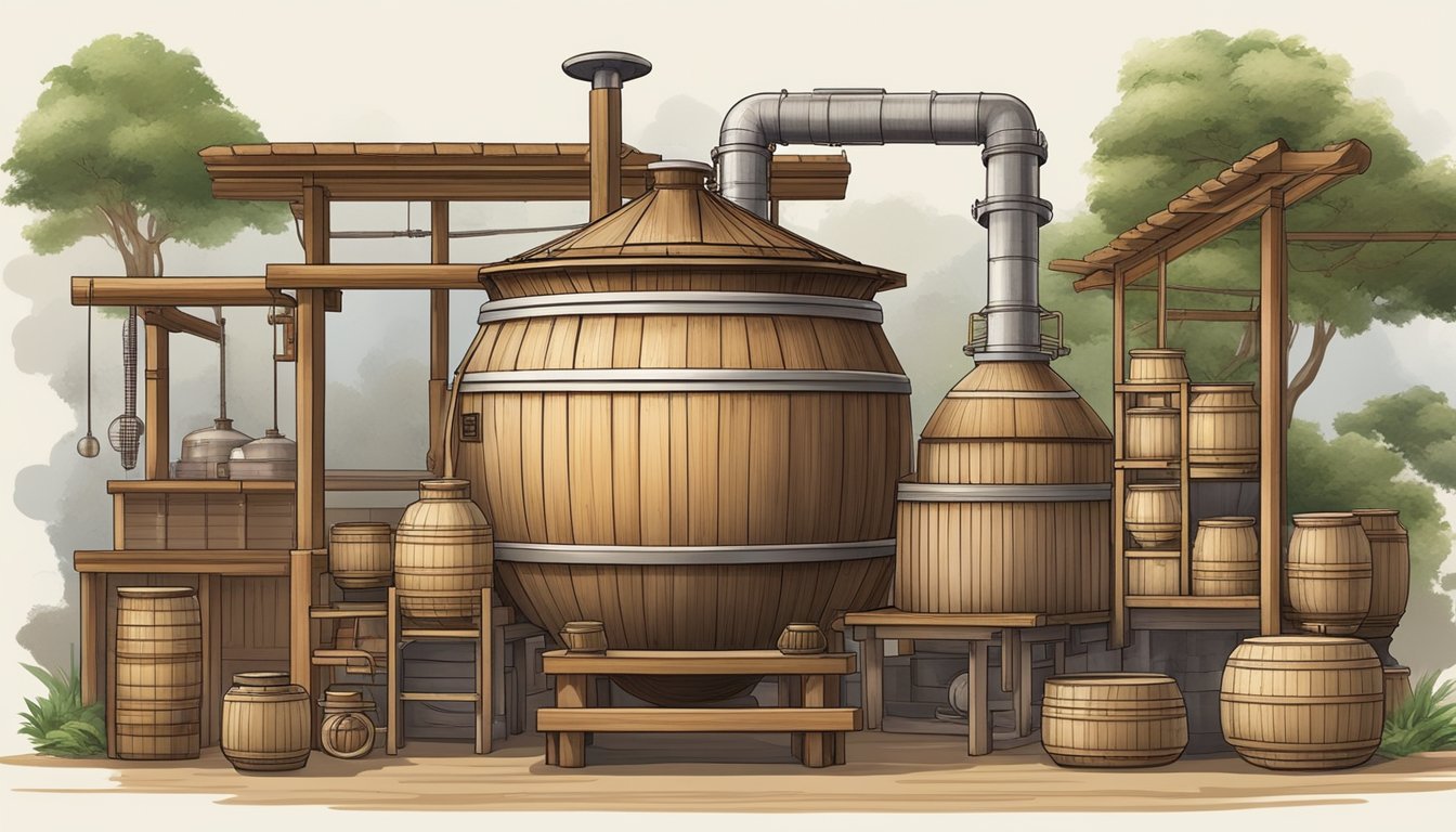 A traditional wooden sake fermenting vessel surrounded by rice, koji mold, and yeast, with various equipment such as a steamer, rice mill, and fermentation tanks nearby