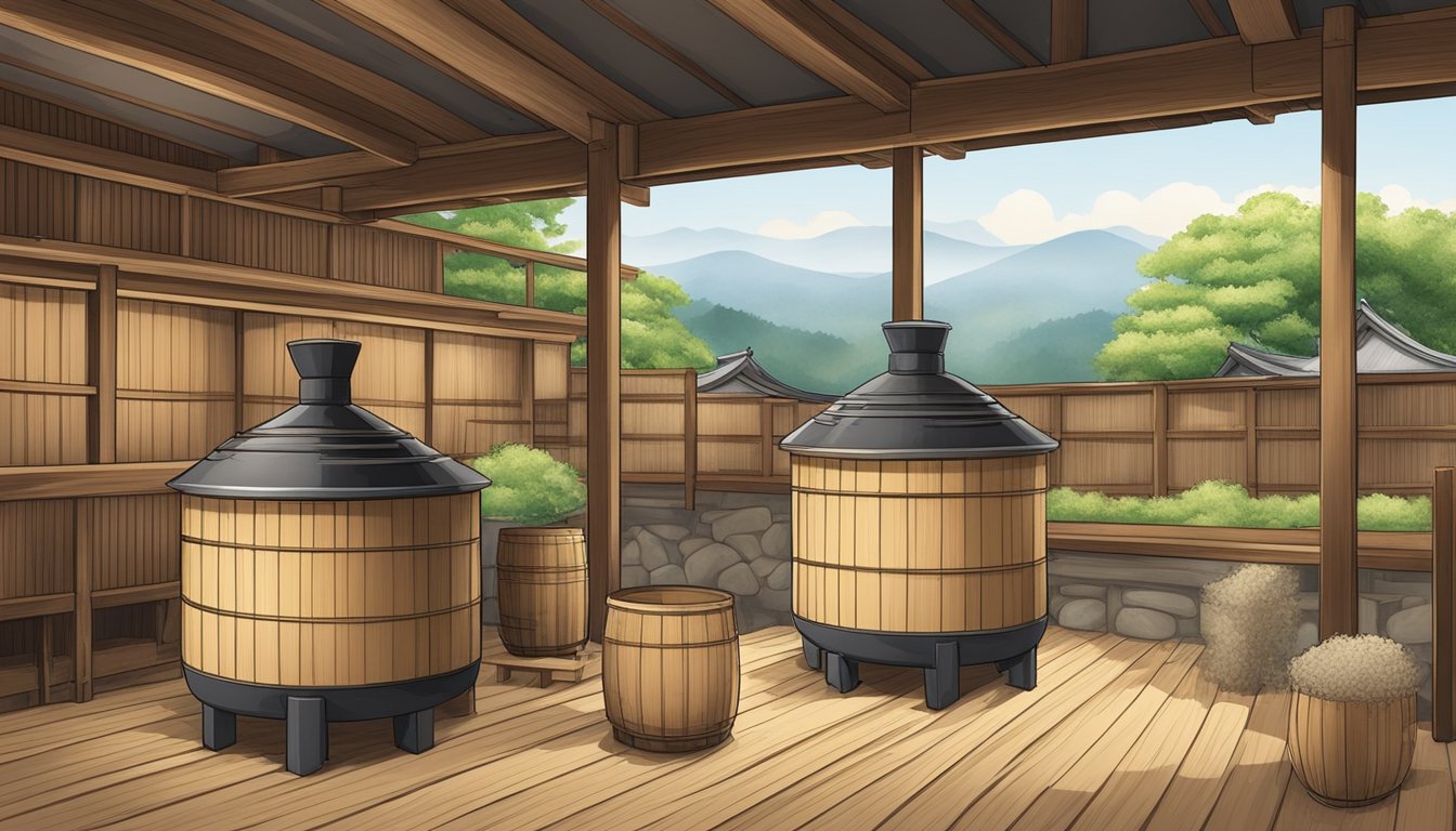 A traditional wooden sake brewery with rice, koji mold, and fermentation tanks