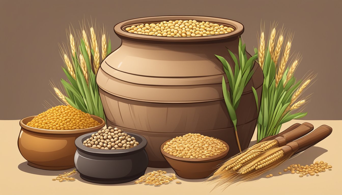 A large clay pot filled with soybeans and wheat, surrounded by traditional fermentation tools and ingredients