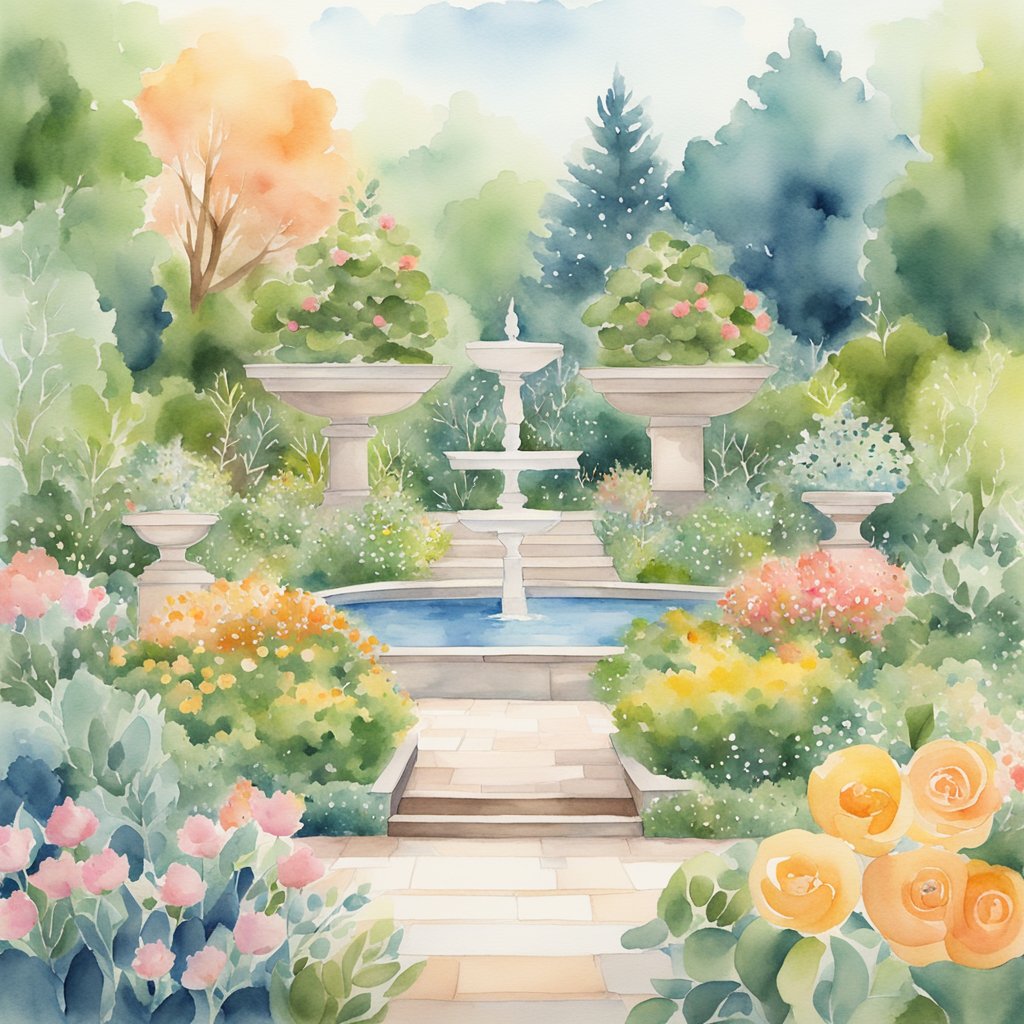 A serene garden with four distinct sections representing the stages of inbound marketing: Attract, Convert, Close, and Delight. Each section features unique elements symbolizing the corresponding stage