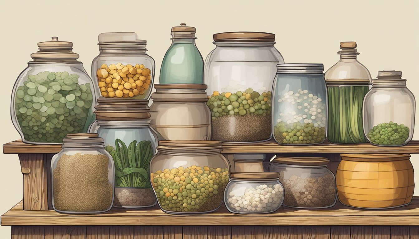 A large ceramic crock filled with dajiang sits on a wooden shelf, surrounded by jars of various ingredients. Bubbles rise to the surface as the fermentation process begins