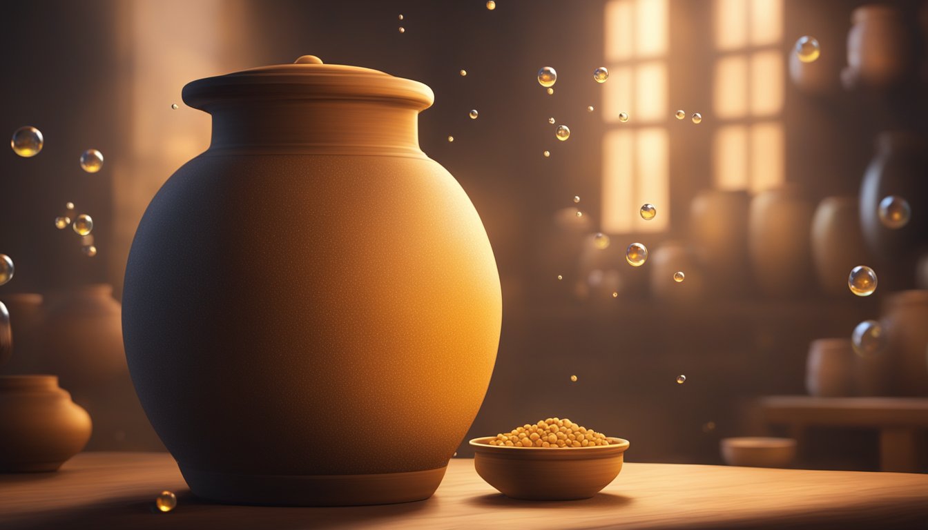 A large clay jar filled with dajiang sits in a warm, dimly lit room. Bubbles rise to the surface as the mixture ferments, emitting a tangy aroma