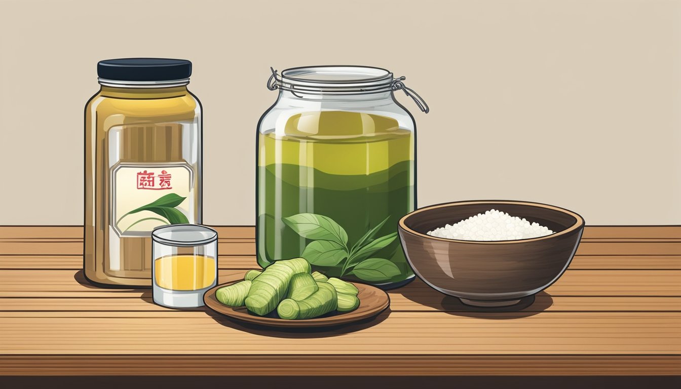 A jar of beni shoga sits on a wooden table, surrounded by fresh ginger, salt, and a bowl of rice. A small dish of pickled ginger is placed next to a cup of green tea