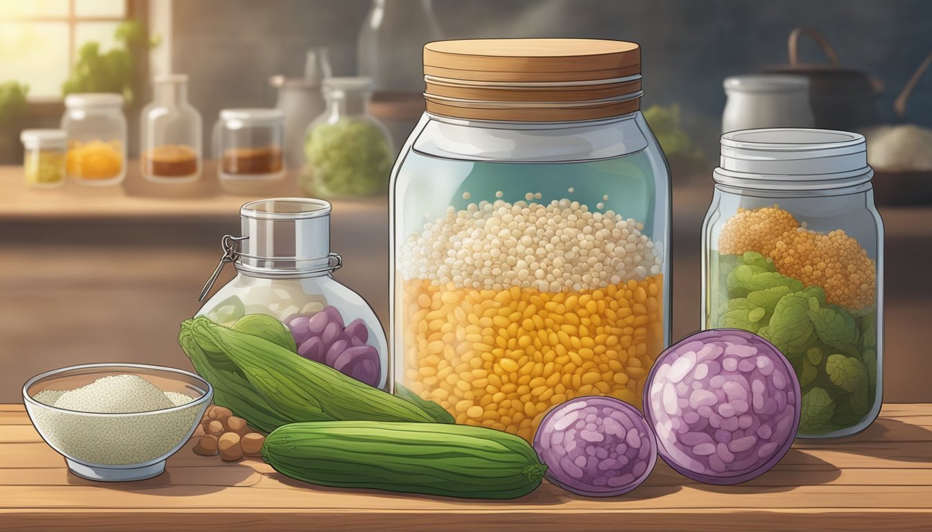 A jar of dajiang sits on a wooden table, surrounded by various ingredients and tools for fermentation. Microbes swirl around the mixture, contributing to its health benefits