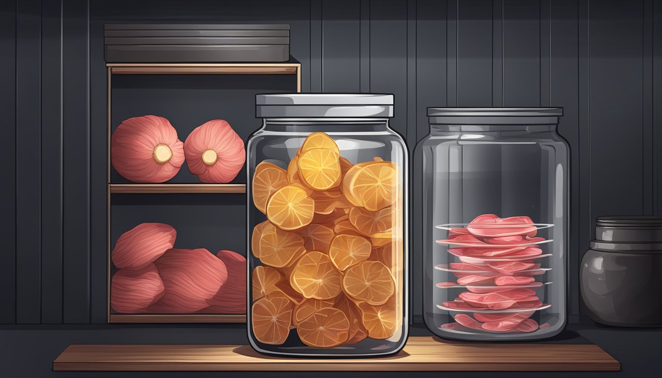 A glass jar filled with sliced red ginger submerged in a brine solution, sealed with a lid, and placed on a shelf in a cool, dark storage area