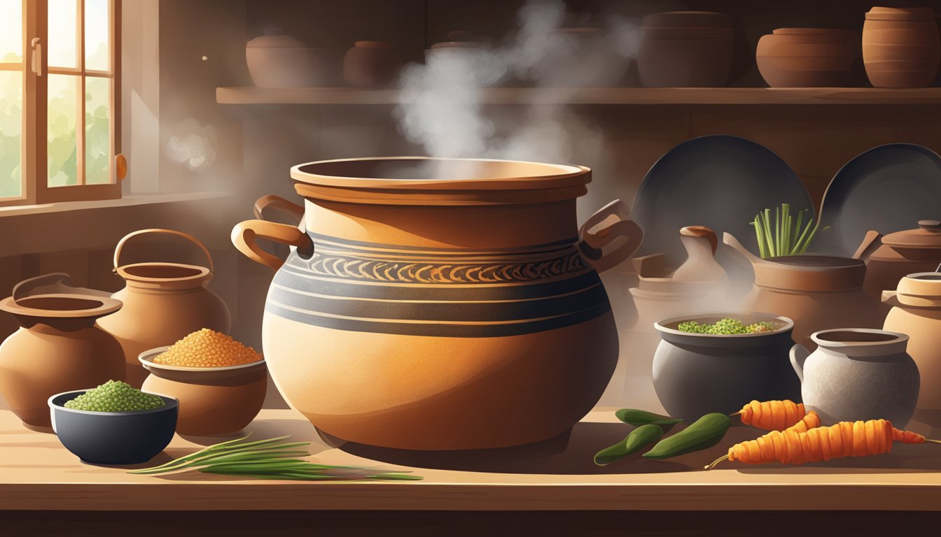 A traditional clay pot sits in a sunlit kitchen, filled with fermenting Dajiang. Steam rises from the pot, surrounded by various ingredients and utensils