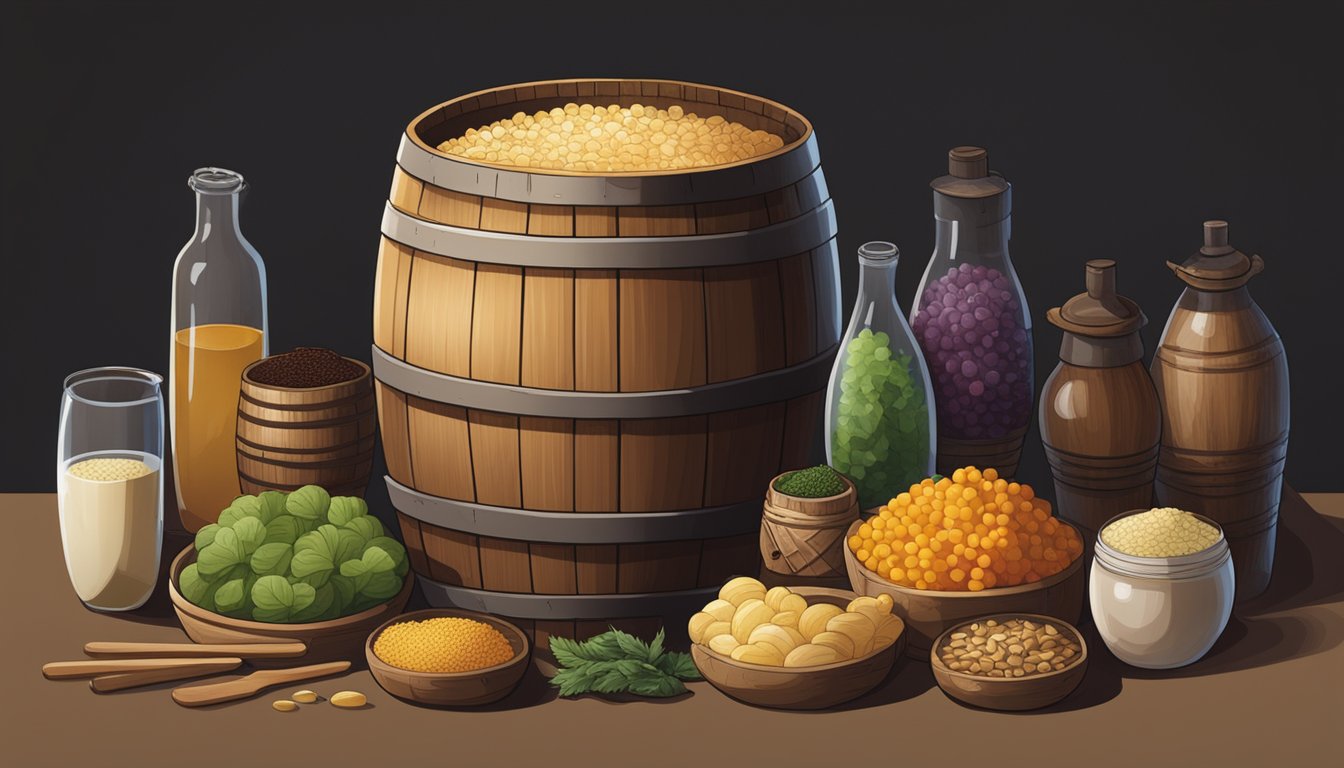 A wooden barrel filled with xiaoqu fermenting in a dimly lit room, surrounded by various fermentation tools and ingredients