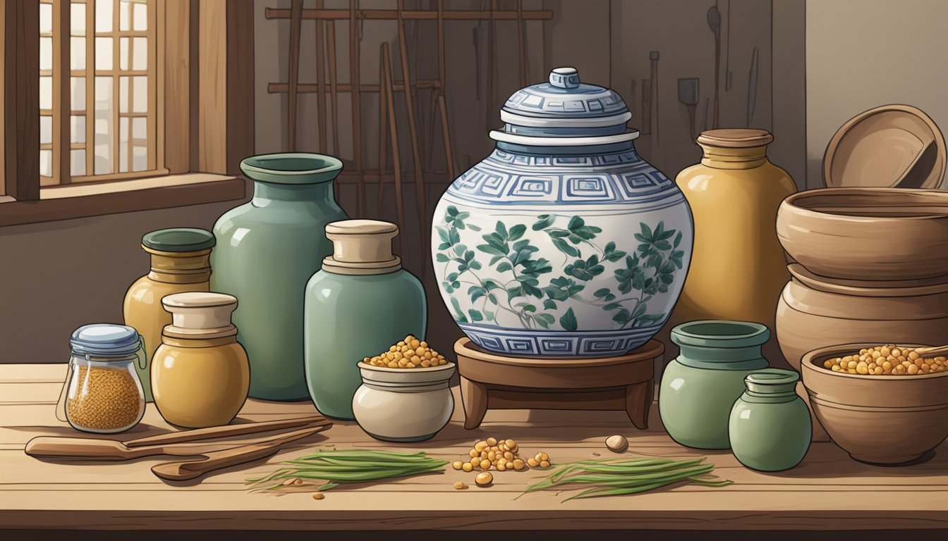 A ceramic jar filled with xiaoqu sits on a wooden table, surrounded by bowls of ingredients and tools for the fermentation process