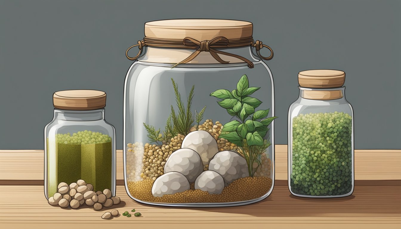 A ceramic jar filled with xiaoqu sits on a wooden shelf, surrounded by bags of grains and herbs. A muslin cloth covers the jar, and a small airlock bubbles with fermentation