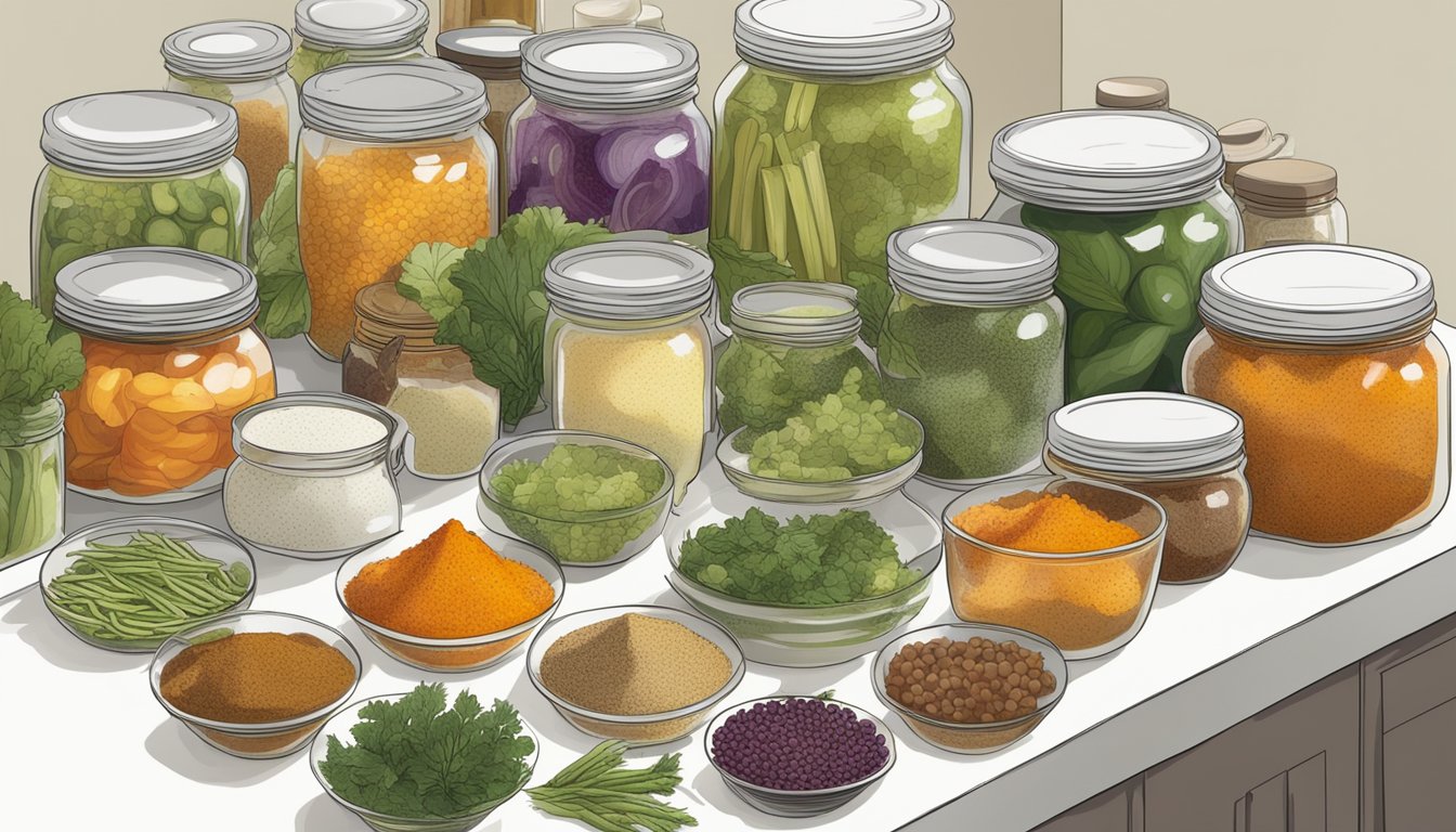 A collection of various vegetables and spices arranged on a clean, well-lit kitchen counter, with a jar of fermenting achar visible in the background