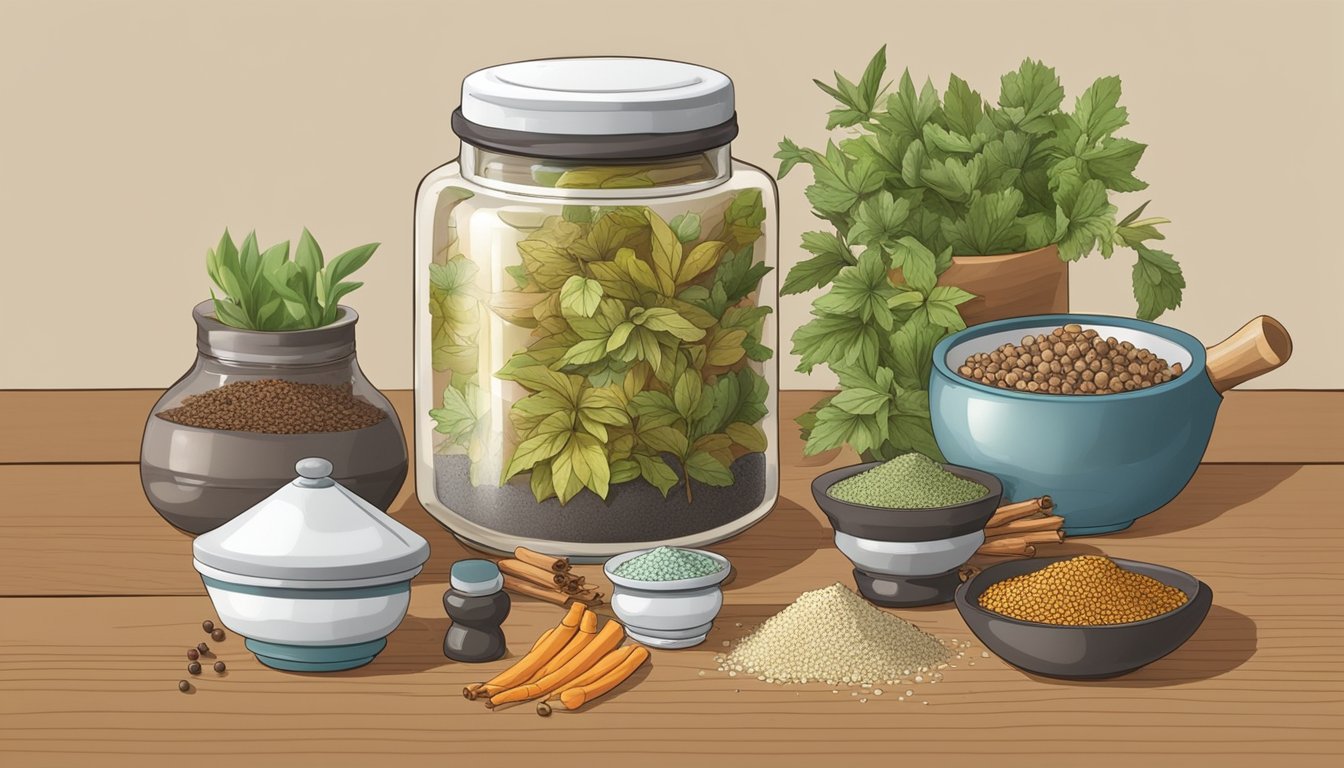 A ceramic jar filled with xiaoqu ingredients sitting on a wooden table, surrounded by various spices and herbs. A small thermometer is inserted into the mixture