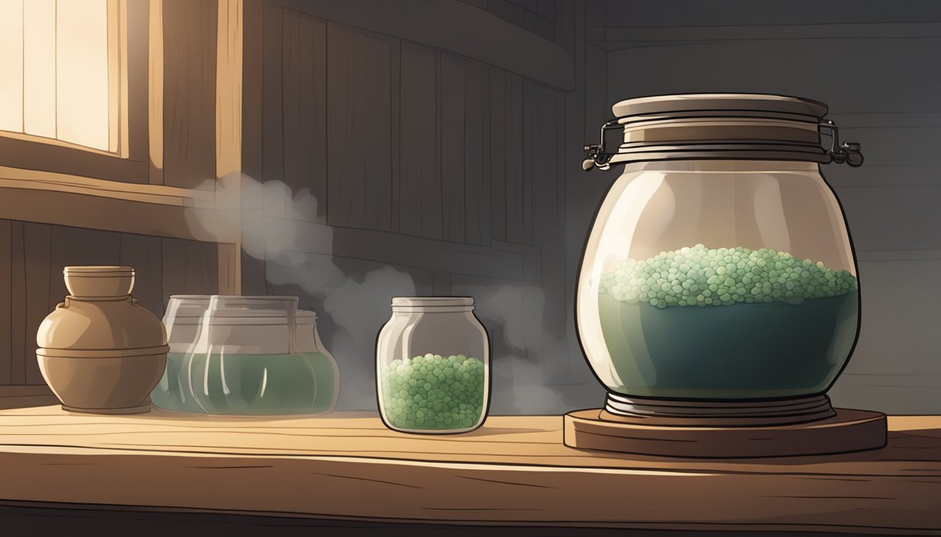 A ceramic jar filled with xiaoqu fermenting on a wooden shelf in a dimly lit room. A small amount of steam rises from the jar, indicating the fermentation process