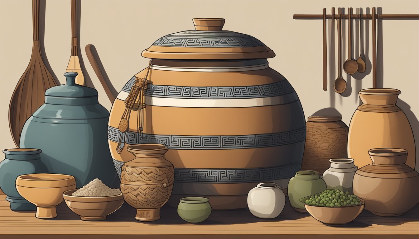 A large clay jar filled with various ingredients for fermenting togwa, surrounded by traditional Korean utensils and pottery