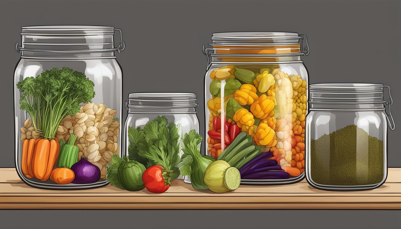 A variety of colorful vegetables and spices are mixed together in a large glass jar, ready to be fermented into achar