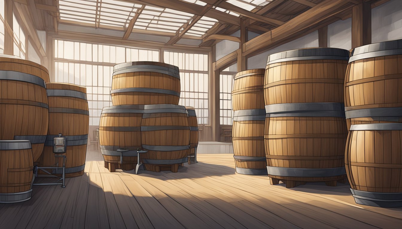 A traditional wooden barrel filled with xiaoqu, surrounded by modern fermentation equipment in a clean and well-lit production facility