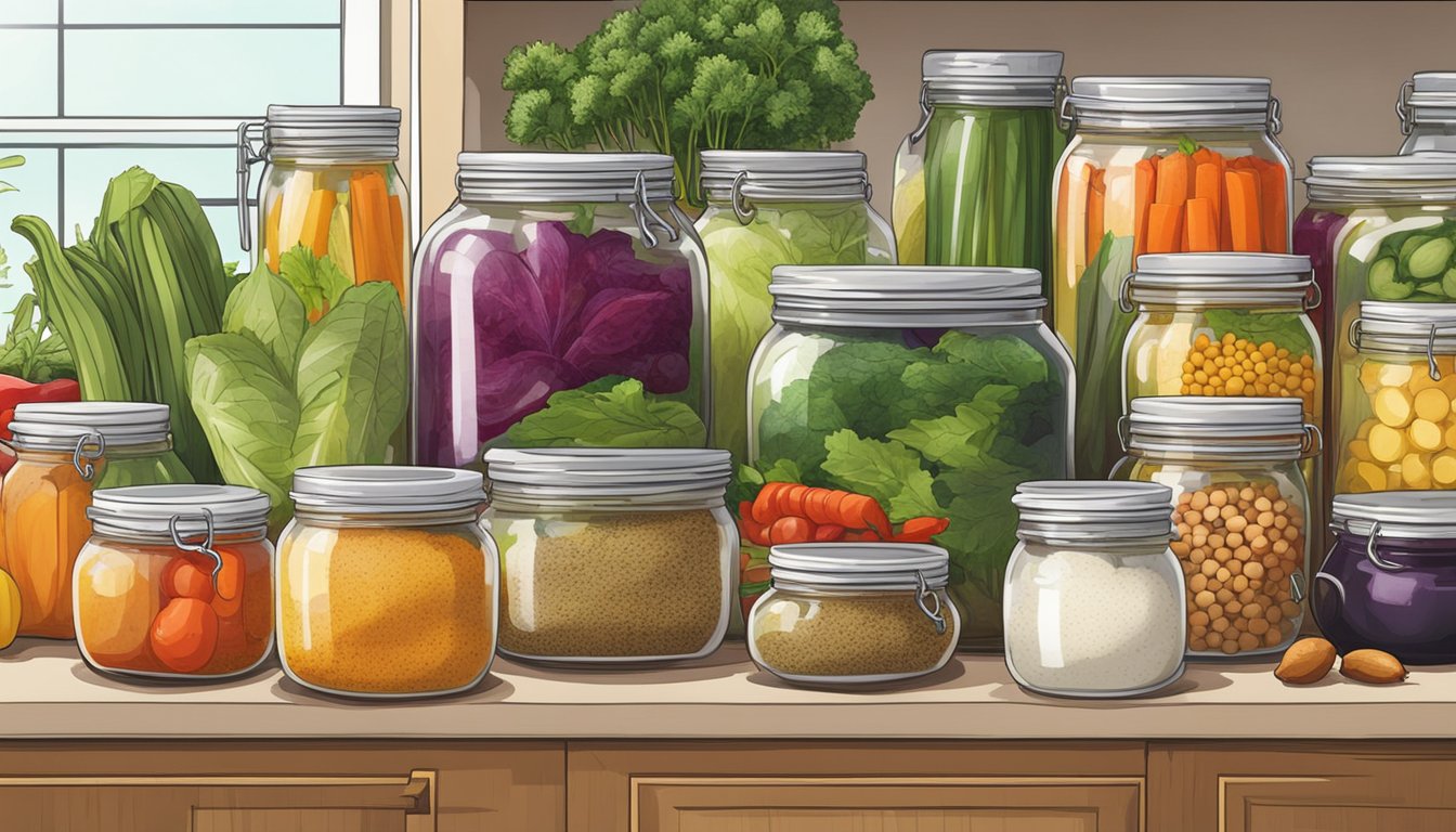 A variety of fresh vegetables, spices, and jars sit on a clean kitchen counter, ready to be prepared and fermented into achar