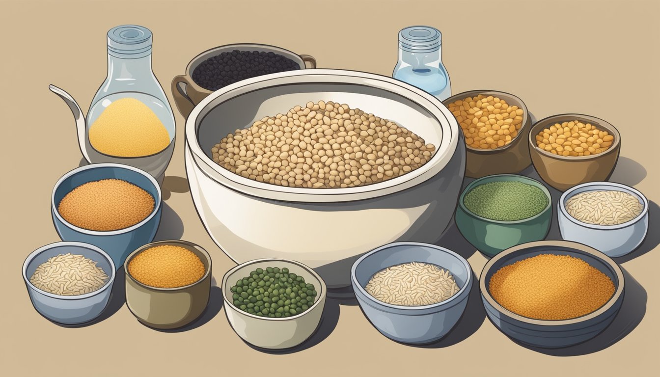 A variety of ingredients arranged around a large ceramic crock, including soybeans, brown rice, and water. A small bowl of koji mold sits nearby