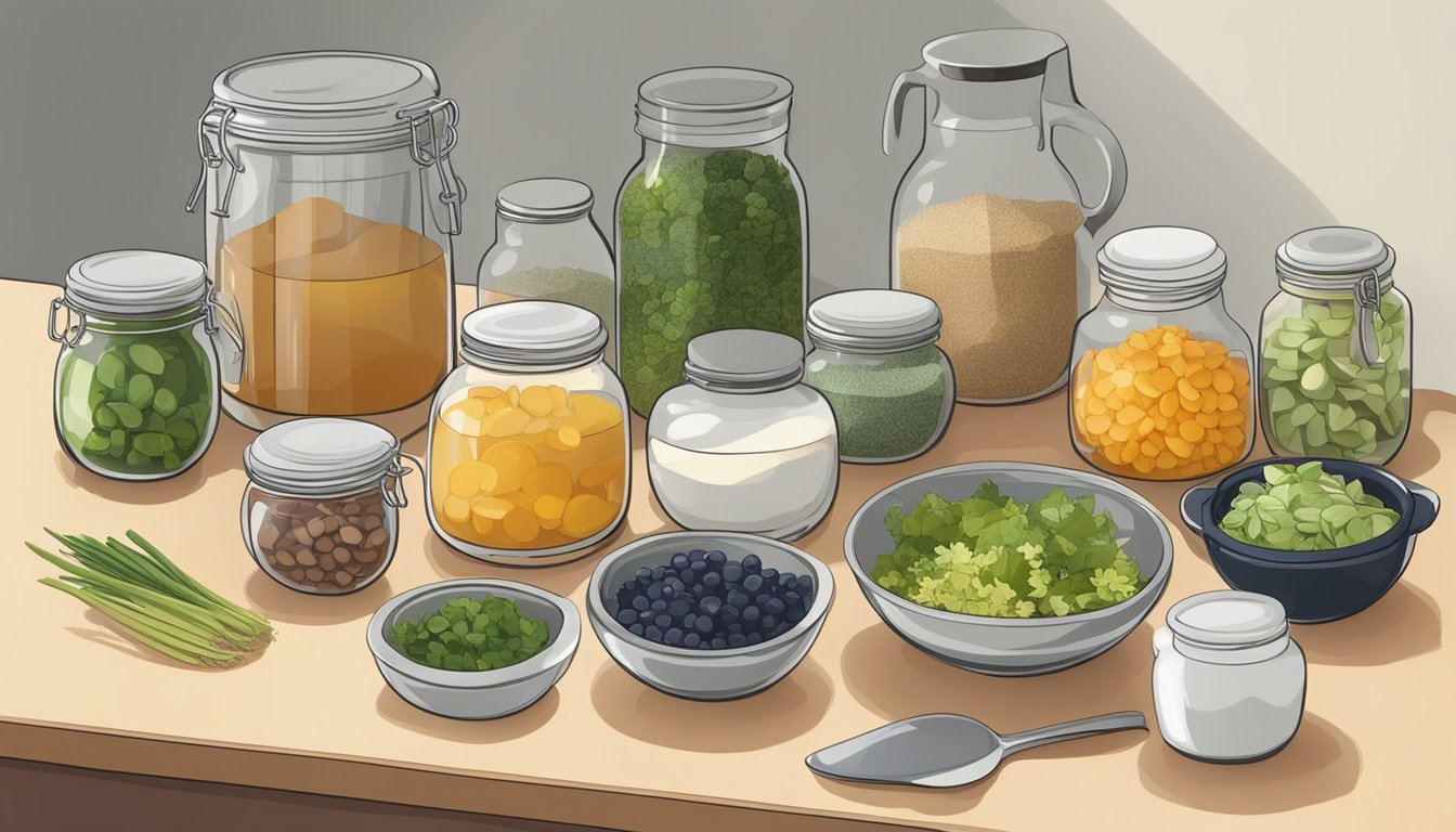 A collection of various ingredients and utensils laid out on a clean, organized kitchen counter in preparation for the fermentation process of making togwa