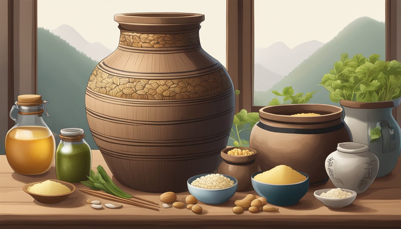 A traditional clay jar filled with fermenting xiaoqu, surrounded by ingredients and tools