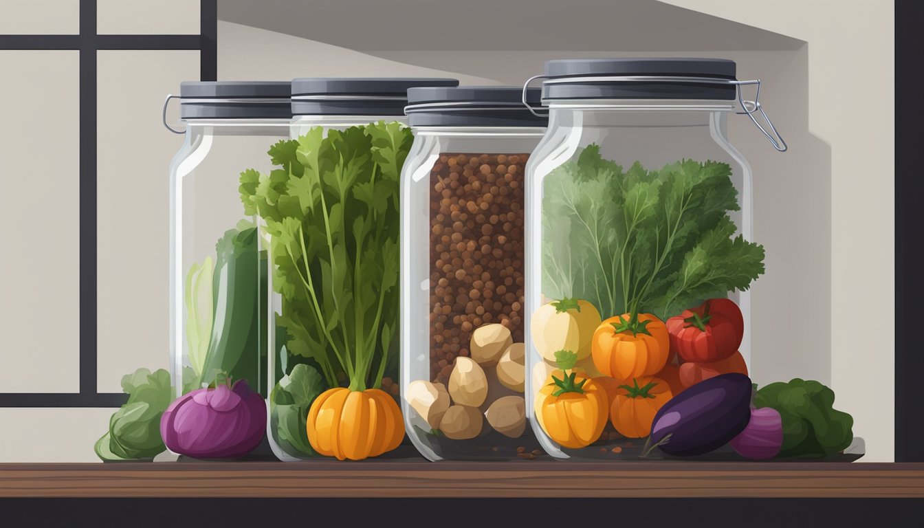 A glass jar filled with vegetables and spices, covered with a cloth and secured with a rubber band, sits on a shelf in a cool, dark pantry