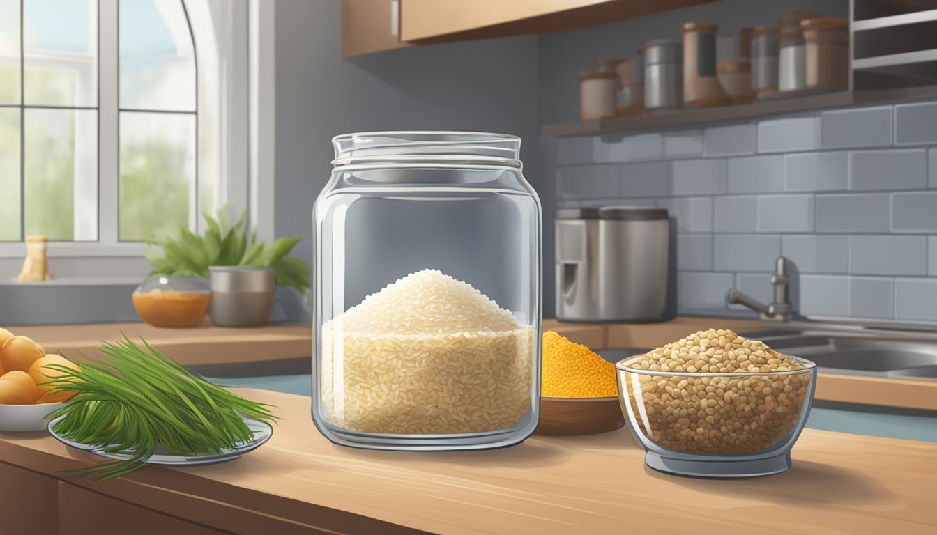 A glass jar filled with various ingredients like rice, barley, and ginger, sitting on a kitchen counter. A small amount of bubbling liquid can be seen at the bottom