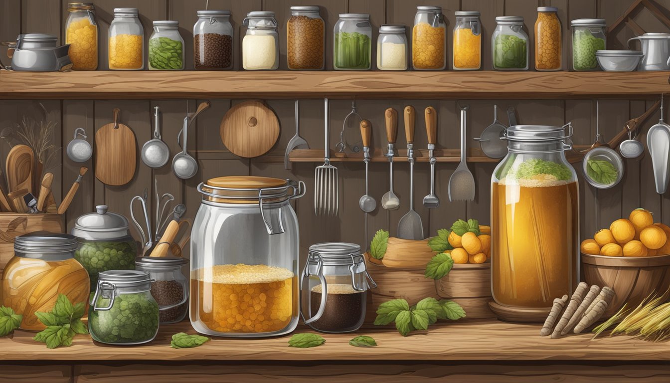 A rustic kitchen with jars of fermenting kvass, surrounded by traditional tools and ingredients