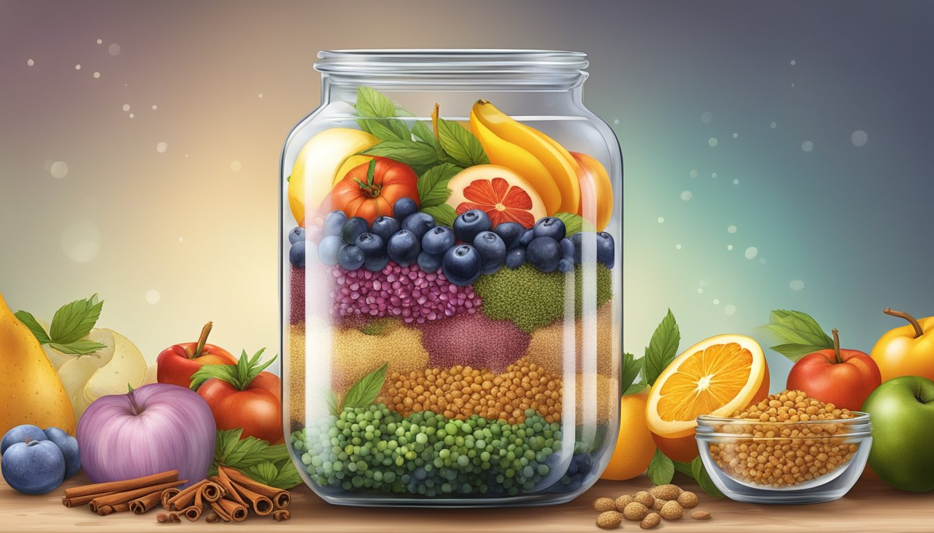 A glass jar filled with colorful ingredients like grains, fruits, and spices, emitting a variety of aromas. Bubbles rise to the surface as the mixture ferments