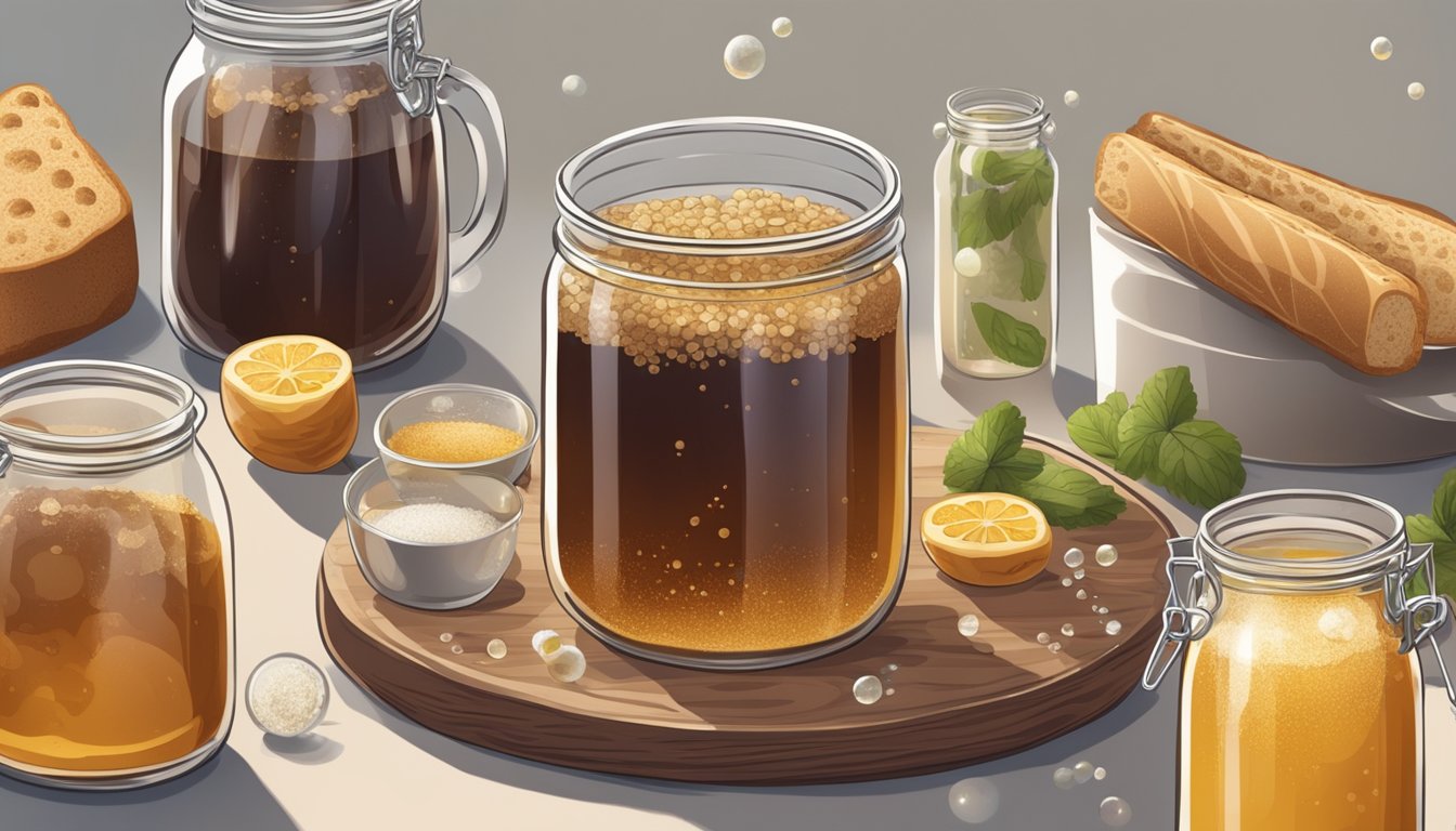 A glass jar filled with fermenting kvass, surrounded by ingredients like bread, water, and sugar. Bubbles rise to the surface