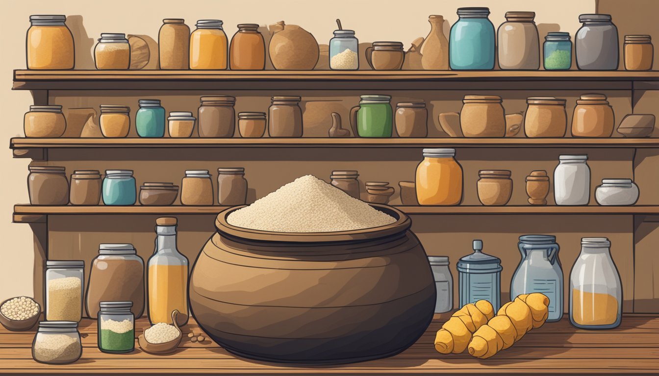 A large clay jar filled with togwa mixture sits on a wooden shelf, surrounded by various ingredients like ginger, sugar, and water. An open book with fermentation instructions lies nearby